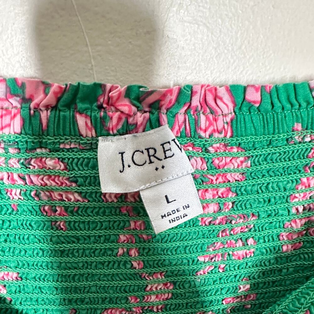 J. CREW Smocked Midi Dress Puff Sleeves Green Pink Floral Sz L {RR22} - Picture 6 of 8